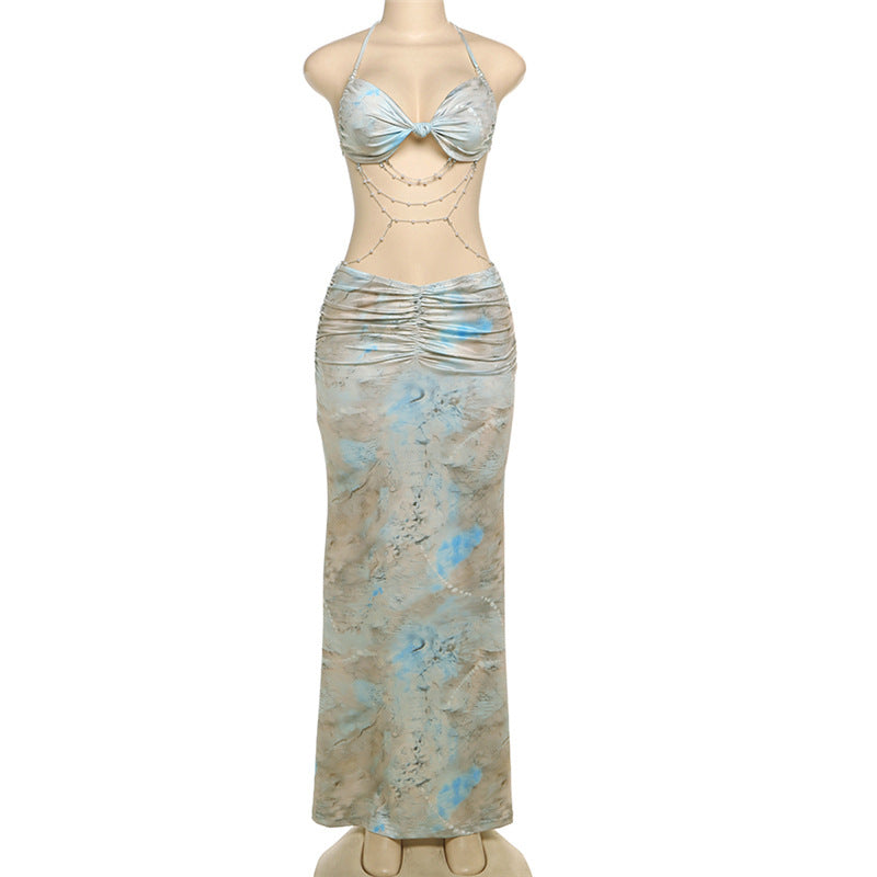 Frühlingshaftes Damen-Sexy-Kleid – Rückenfrei, figurbetont mit Halterneck und Perlendeko